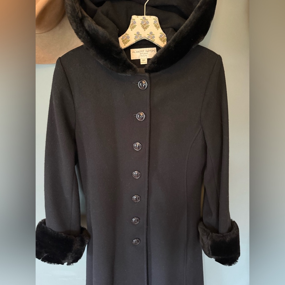 Vintage duster Long Black Wool Fur trim coat Hood cuffs sz 8p - Picture 4 of 14